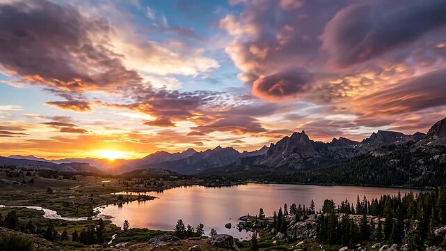 A ring cloud floats above a mountain lake at sunset