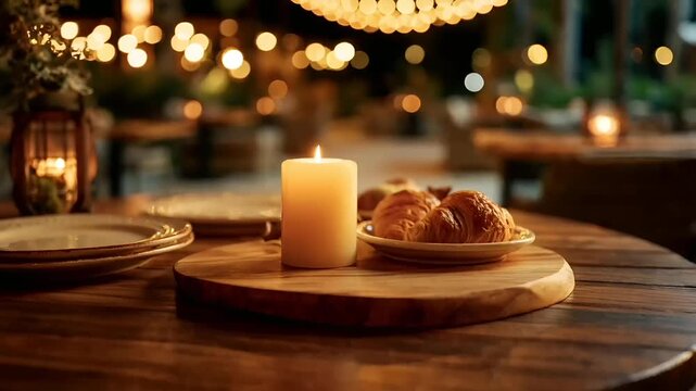 Paris, France, Europe. A still life photograph captures a cozy outdoor dining setting at night. A lit candle, positioned on a wooden table.