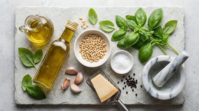 Fresh green basil leaves with olive oil pine nuts garlic parmesan cheese and mortar for pesto sauce. basil pesto kit