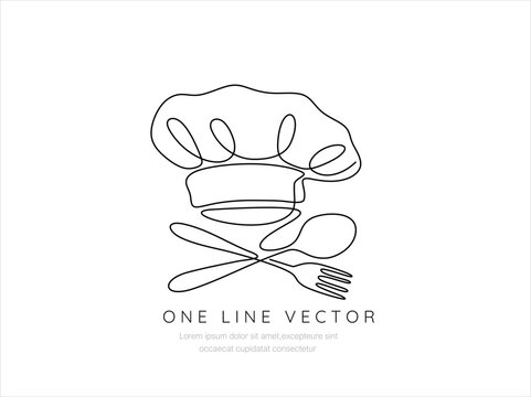 Chef's hat and utensils continuous one line drawing, Ladle, cooking spatula and chef's cap in one solid line. Single line editable cutlery template for business cards, banners. 