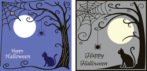 Set of two halloween greeting cards with a black cat, spider web, spider, and full moon on a blue and grey background © Faija