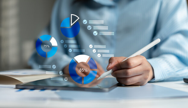 Businesswoman reviewing digital checklist and budget reports for accounting audit, financial approval, compliance inspection, internal control and corporate governance.