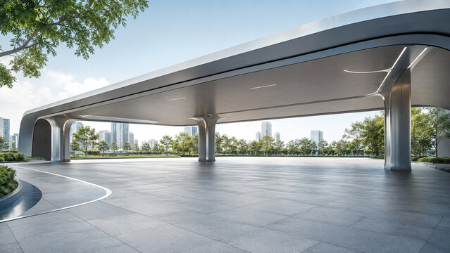 Elevated smart mobility plaza with minimalist canopy and skyline