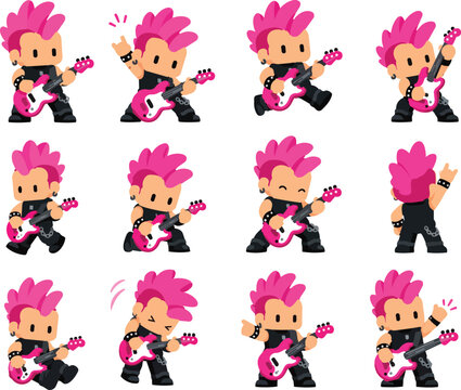 Collection of 12 cute punk rock guitarist character poses