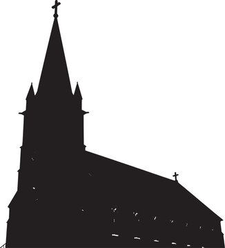Black silhouette of a traditional old church building with a high spire and cross on top isolated on transparent background, Vector