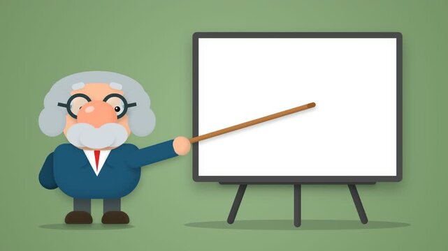 Cartoon Professor Character Pointing Stick at Blank Whiteboard Presentation Template for Educational or Business Concept