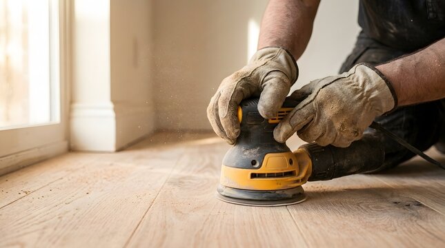 Man with sander refinishing hardwood floor in sunlit room.