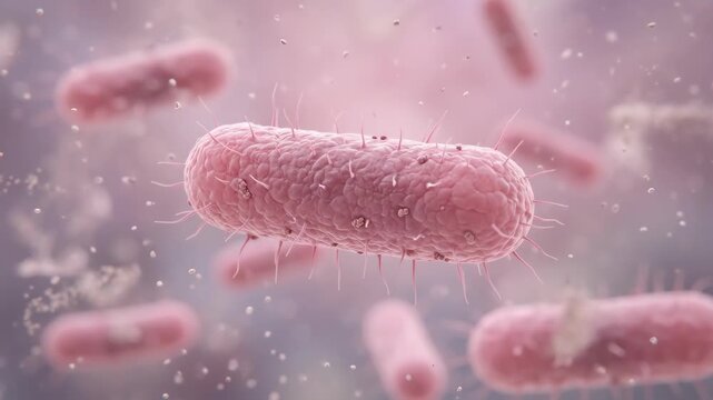 Microscopic animation of pink rod shaped bacteria hantavirus rotating in fluid