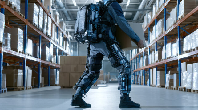 person using exosuit for heavy lifting in modern warehouse