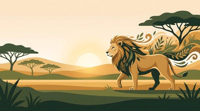Lion walking through African savanna with stylized greenery flowing from mane at sunset.
