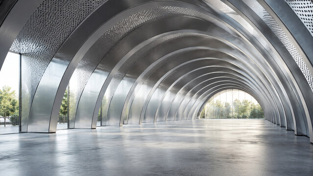 Silver ribbed pavilion with repeating arches and empty foreground