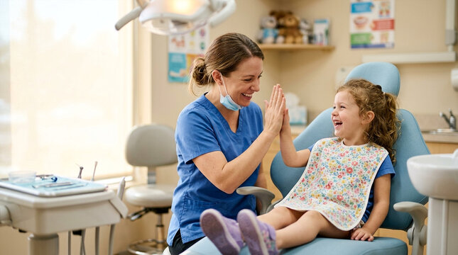 Happy female dentist giving high five to a laughing little girl in dental chair