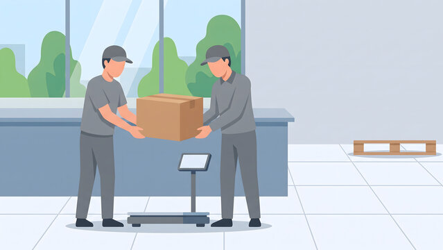 Warehouse Workers Weighing Cardboard Box on Digital Scale Vector
