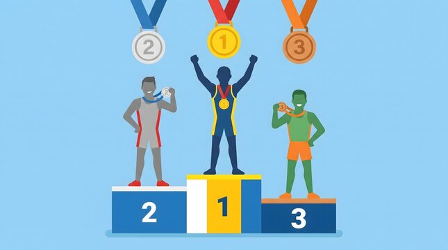 Winners standing on podium with gold silver and bronze medals against blue background vector art.