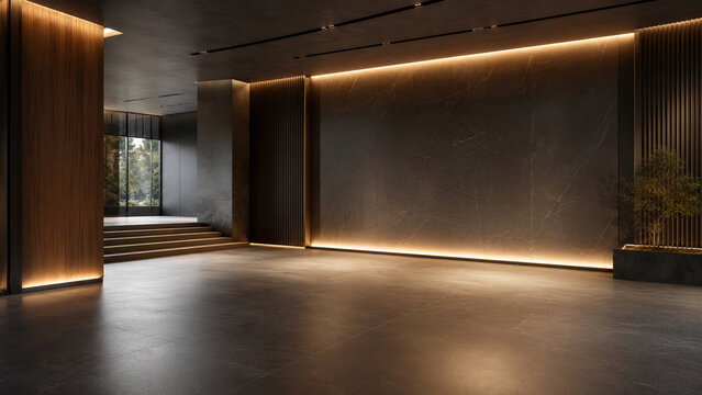 Warm minimalist technology gallery with wood walls and copy space