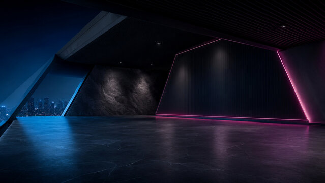 Dark angular showroom with blue and magenta architectural lighting