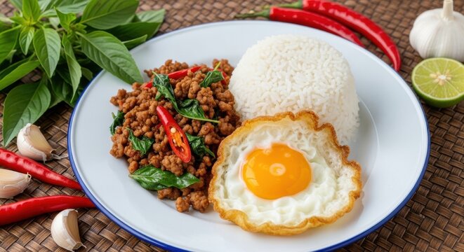 A delicious thai basil chicken dish served with rice and egg.