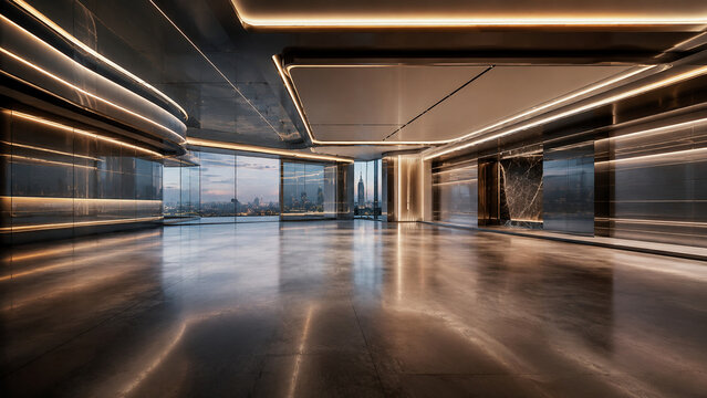 Premium dark metallic showroom with warm linear ceiling lights