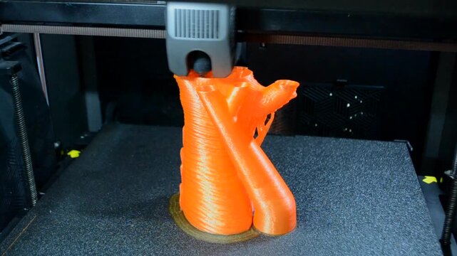 Process printing on 3D printer. The 3D printing process from molten plastic orange color. 3D printing technology. FDM technologies. Fused Deposition Modeling. Additive manufacturing.