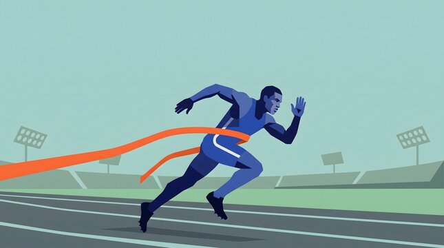 Illustration of male sprinter crossing finish line on running track at stadium for sport event.