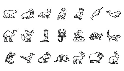 Obraz premium Arctic Desert and Diverse Wildlife Animal Outline Icons Collection