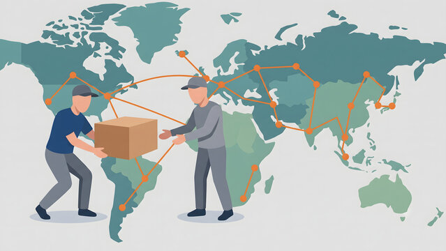 Global Logistics Workers Exchanging Package over World Map Vector
