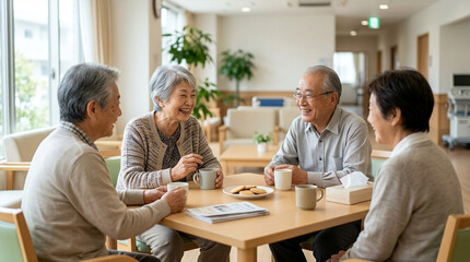 Fototapeta premium Happy group of senior friends laughing and chatting enjoying coffee in a bright common room