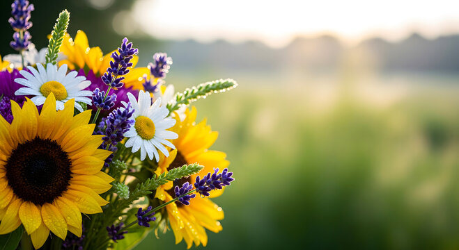 Blooming purple flowers in a vast summer meadow under soft natural light