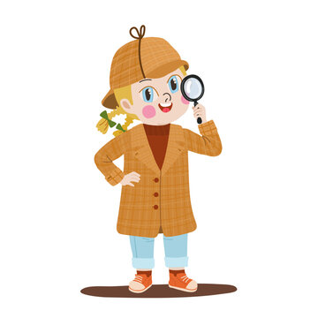 Cute girl detective with magnifying glass in plaid coat isolated on white