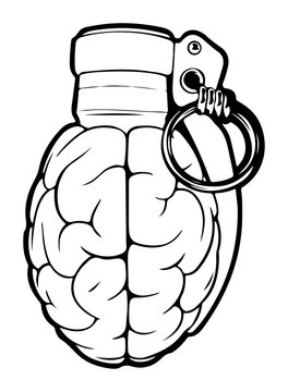 Brain grenade illustration symbolizing explosive ideas or mental power conceptual vector art for creative concepts and design