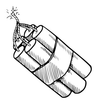 Dynamite bundle with lit fuse hand-drawn illustration representing danger explosion or a risky situation isolated on white background