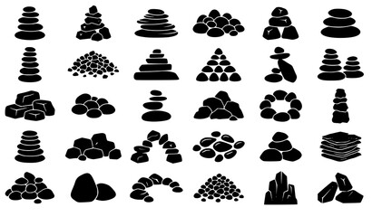 30 Black and Gray Rock Pile Icons Vector Set with Natural Stone Stack Collections © Md