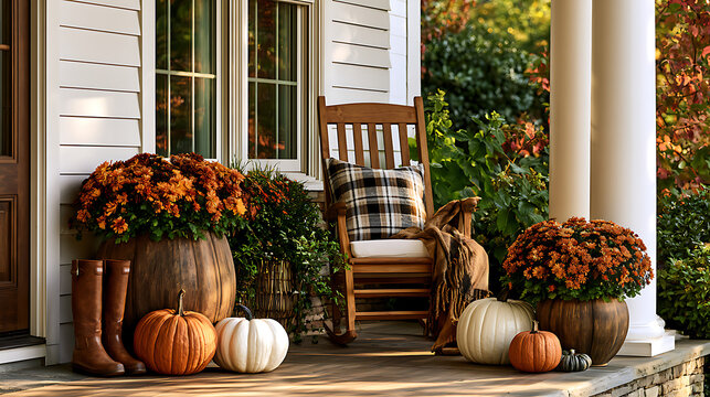 A traditional porch, decorated for fall with rain boots, vintage pumpkins, white gourds, chrysanthemums, and a rocking chair with a buffalo check throw and pillow, creates a cozy atmosphere.