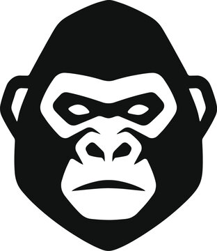 Minimalist gorilla head vector logo, black and white primate face icon, modern silverback ape mascot for sports branding and gym apparel