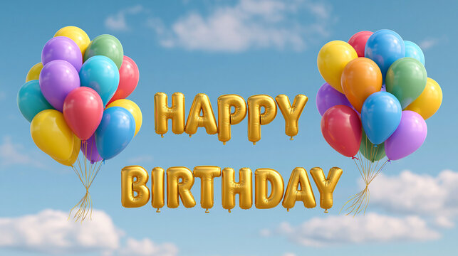 Golden happy birthday text with clusters of colorful balloons against cloudy blue sky.