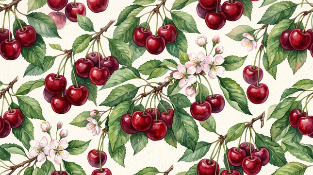 Watercolor cherry blossom and fruit pattern on a light background