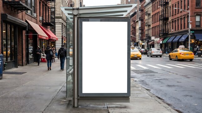 Blank outdoor advertising billboard road sign mockup located at a busy new york city bus stop