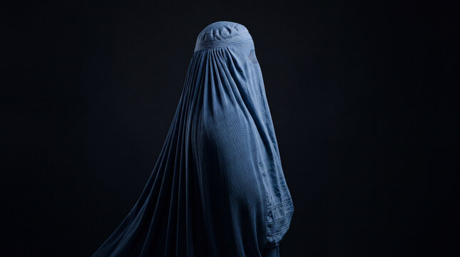Profile View of a Woman in Traditional Blue Burqa Against a Black Background, Studio Portrait and Cultural Identity Concept, Afghan woman in traditional blue burqa