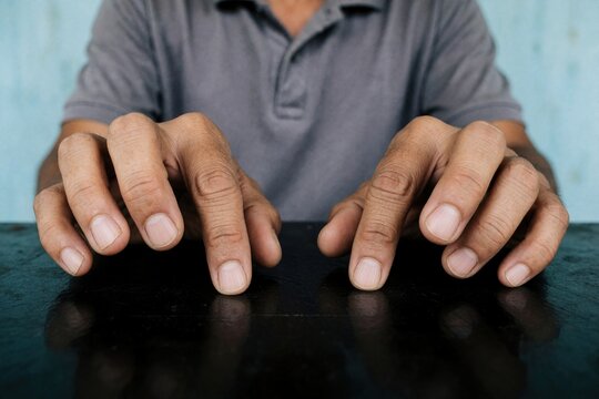 Thai man hands tap black desk surface. Asian male fingers rhythmically beat table. Business person creates motion waiting patiently during work break. Person conveys focus impatience stress boredom