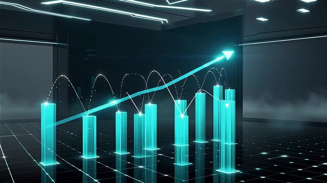 Cinematic futuristic data visualization where luminous turquoise bars emerge from a reflective black grid, a bright arrow-shaped line graph rises continuously toward the horizon