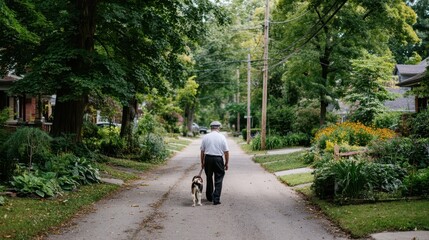 Naklejka premium A quiet afternoon stroll down a residential street, showcasing a senior citizen walking their dog amidst lush greenery and charming homes.