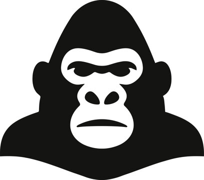 Gorilla head mascot vector, minimalist black and white ape face icon, powerful silverback primate logo design, wild animal portrait for branding