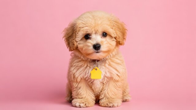 Tiny apricot maltipoo puppy with curly fur and dark round eyes sits on a solid pink background wearing a collar with a yellow house-shaped tag looking directly at the camera