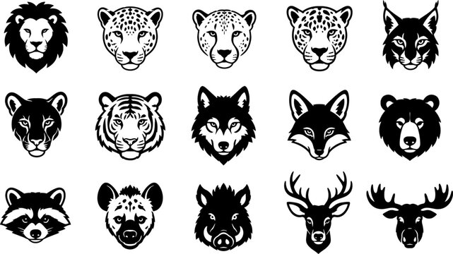 Wild Animal Head Silhouette Icons Set - Lion Leopard Lynx Panther Tiger Wolf Fox Bear Raccoon Hyena Boar Deer Moose Black Vector Collection