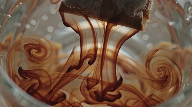 Plain Unbranded Tea Bag Releasing Amber Burgundy Infusion Cloud in Clear Glass Mug, Extreme Macro Slow Motion with Warm Window Backlight