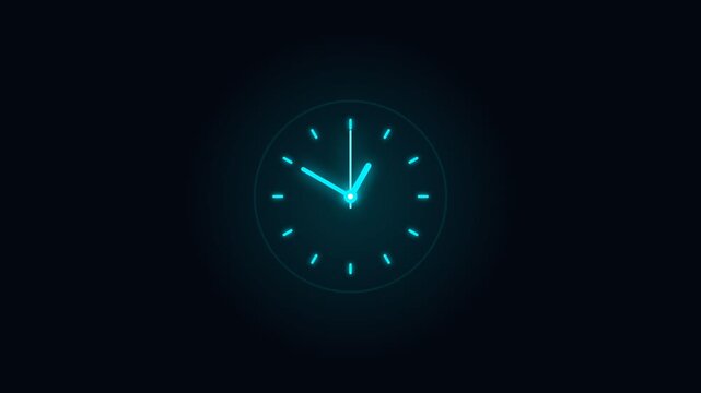 Glowing blue neon clock hands spinning rapidly on black background