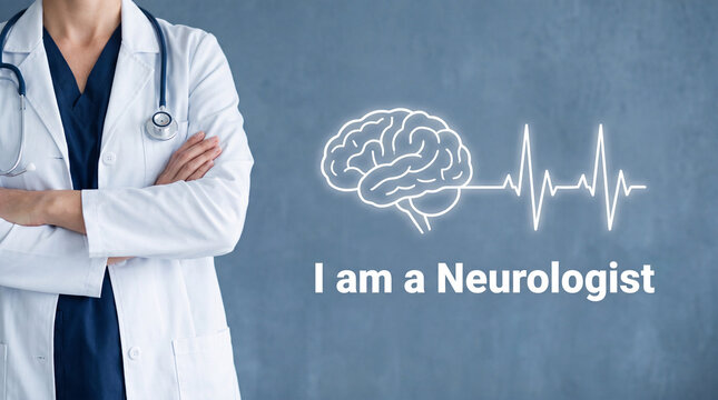 Neurologist standing with arms crossed. Medical doctor with brain icon and heartbeat line.