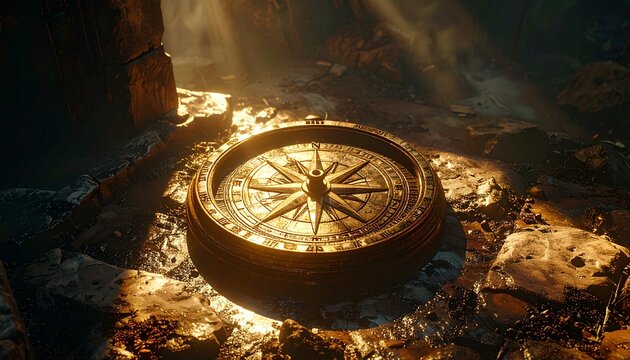 Vintage Compass on Stone Floor with Sunlight.