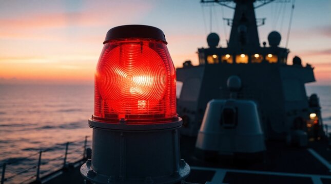 Bright red signal lamp illuminates deck of naval warship at sunset. Maritime navigation alert device glows on metal vessel boat hull. Nautical background shows calm ocean water surface, soft dusk sky