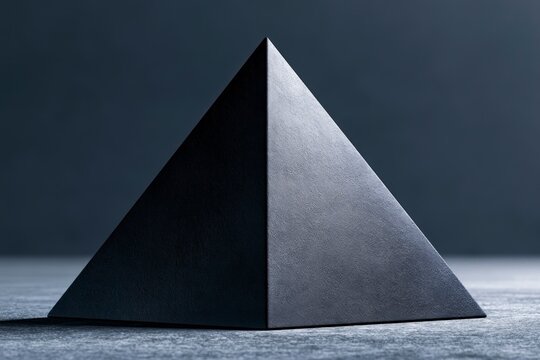 Matte black pyramid prism on textured ground in a moody studio setting with sharp macro focus for architectural branding and creative marketing